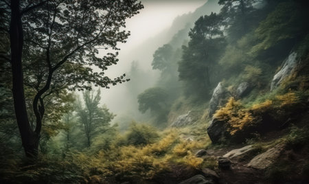 Mountain landscape with fog and forest in Huangshan, Chinaの素材