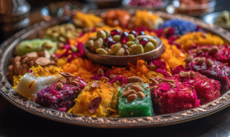 Variety of colorful Indian sweets on a plate, selective focus.の素材