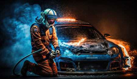 Burning car at night. Firefighter in uniform extinguishing a burning carの素材