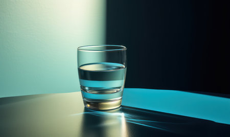 Glass of water on a table in front of a light background.の素材