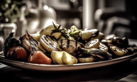 Roasted vegetables on a plate. Selective focus. Toned.の素材