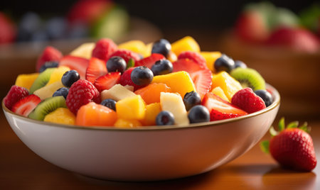 Fruit salad in a bowl on a wooden table. Selective focus.の素材
