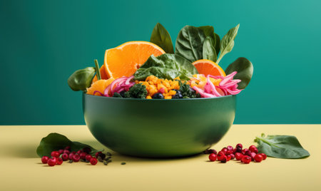 Fresh vegetable salad with orange and spinach in a bowl on a green backgroundの素材