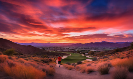 Golfer on a golf course at sunset, California, USAの素材