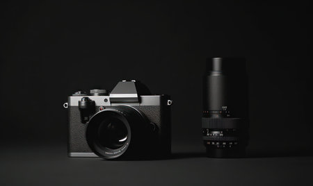 Retro camera and lens on black background. Isolated on black backgroundの素材