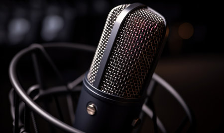 Professional microphone on stand in recording studio. Selective focus. Shallow depth of fieldの素材