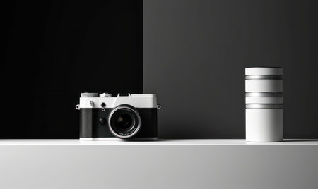 3D render of a camera and a flask on a black backgroundの素材