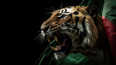 Close-up of a tiger with a mask on a black backgroundの素材