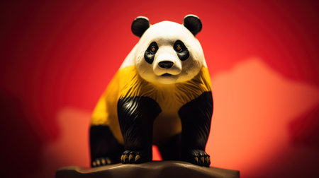Panda figurine on a red background with a place for textの素材