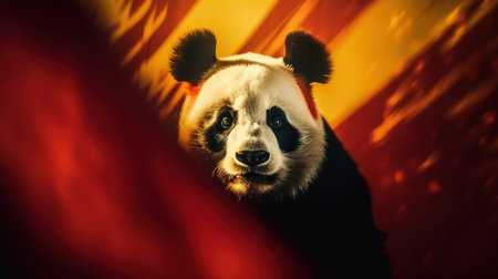 Panda in a red tent on the background of a red wallの素材