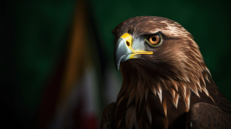 Close up portrait of a golden eagle on the background of the flag of Georgiaの素材