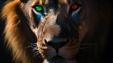 Portrait of a lion with green eyes in the dark, close-upの素材