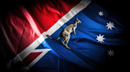 waving australian kangaroo on a australian flagの素材