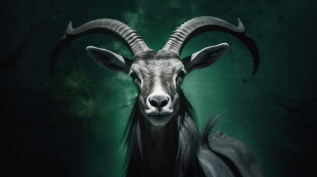 Portrait of a goat with horns on a dark green background.の素材