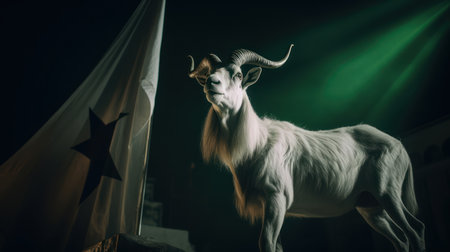 White goat with horns in a dark room. Dark background with lights.の素材