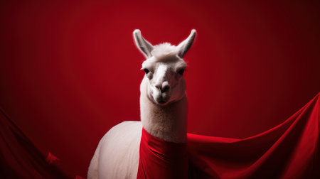 White alpaca with red cloth on red background. Conceptual imageの素材