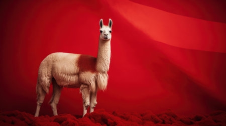 Llama on red background with copy space. 3d renderingの素材