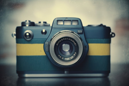 Retro camera on the table with blurred background, vintage color toneの素材