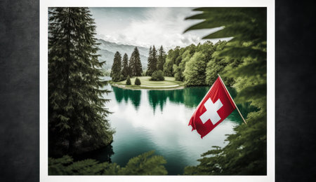 Switzerland flag against scenic view of lake and forest in a forestの素材