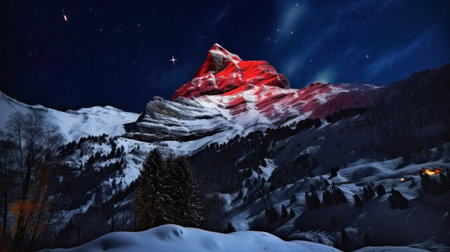 Mountain peak in the snow at night with starry sky.の素材
