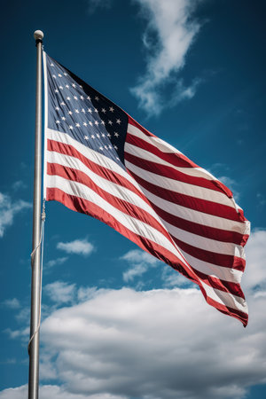 American Flag waving in the wind against a blue sky with white cloudsの素材
