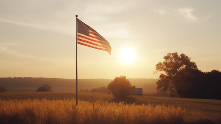 American flag waving in the wind on a sunset background. 3d renderingの素材