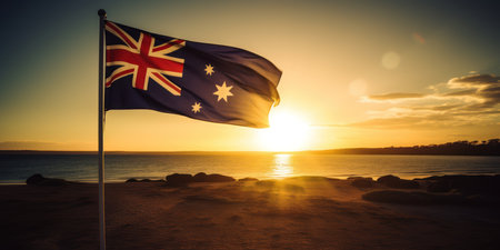 Australia flag waving on beach at sunset. 3D Rendering.の素材