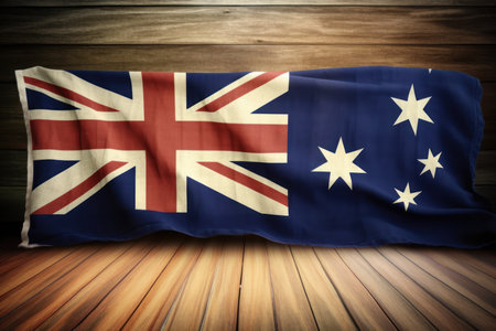 Australia flag on wooden wall background with wooden planks and empty space for textの素材