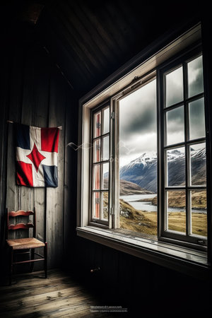 A view from a window in an old wooden house in Iceland.の素材