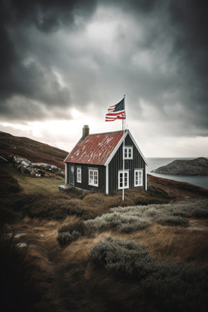Old wooden house with flag of Iceland on the roof. Toned.の素材