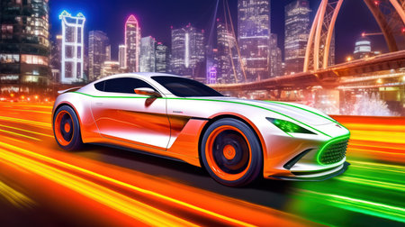 3D rendering of a brand-less generic concept car in the cityの素材