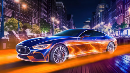 Car on the road in the city at night. 3d renderingの素材