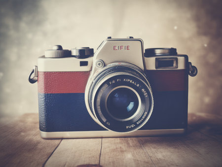 Vintage camera with flag of Russia on wooden table. Retro filtered imageの素材