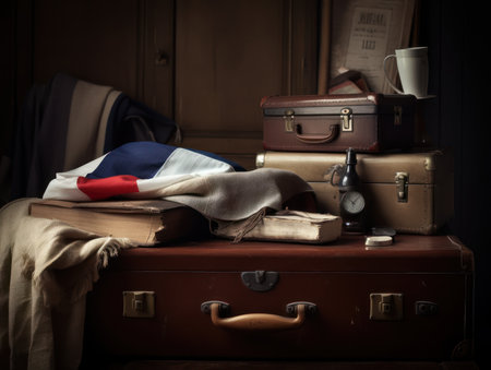 Vintage suitcases and books on a dark background. Toned.の素材