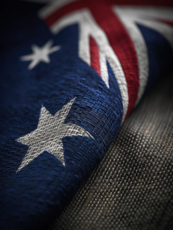 Australia flag textile cloth, fabric texture, close up image with selective focusの素材