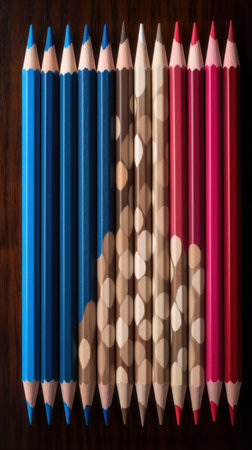 Colored pencils on a wooden background. Selective focus.の素材