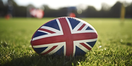 Rugby ball on the field with flag of the United Kingdomの素材