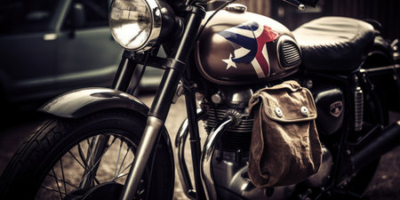 Vintage motorcycle with Texas flag on the hood and leather bag.の素材