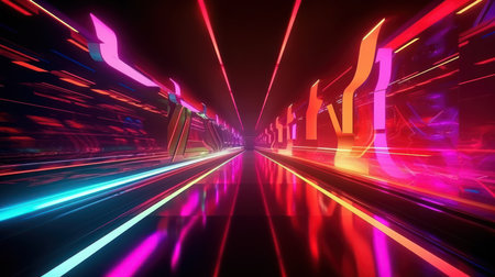 Futuristic corridor with glowing neon lights and reflections 3d renderingの素材