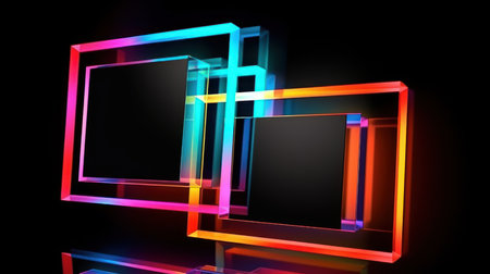 Glowing neon squares in space, computer generated abstract background, 3D renderingの素材