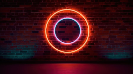 Neon circle on a brick wall background. 3D Renderingの素材