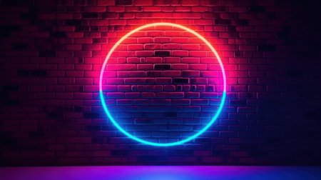 Neon circle on the brick wall background. 3D Renderingの素材