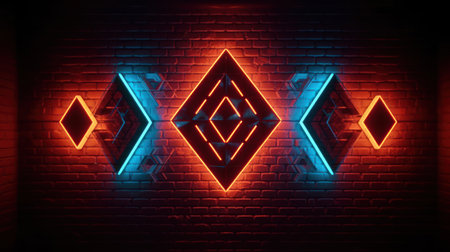 Neon geometric shapes on brick wall background. 3D Renderingの素材