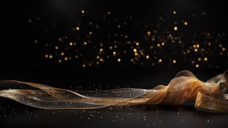 Golden ribbon on black background. Festive concept. 3D Renderingの素材