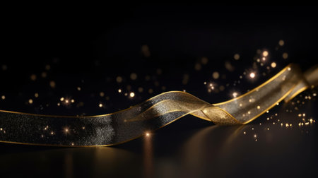 Golden ribbon on black background with bokeh effect. 3d renderingの素材