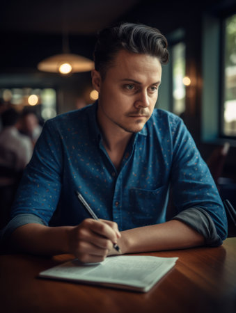 Handsome young man writing in notebook while sitting at table in cafeの素材