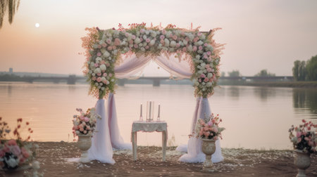 Wedding arch decorated with flowers on the shore of the lakeの素材