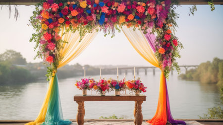 Wedding arch decorated with flowers and ribbons on the background of the riverの素材
