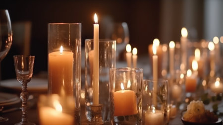 wedding table setting with candles and flowers, shallow depth of fieldの素材