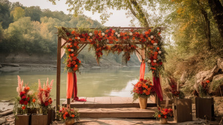 wedding arch on the bank of the river in the forestの素材